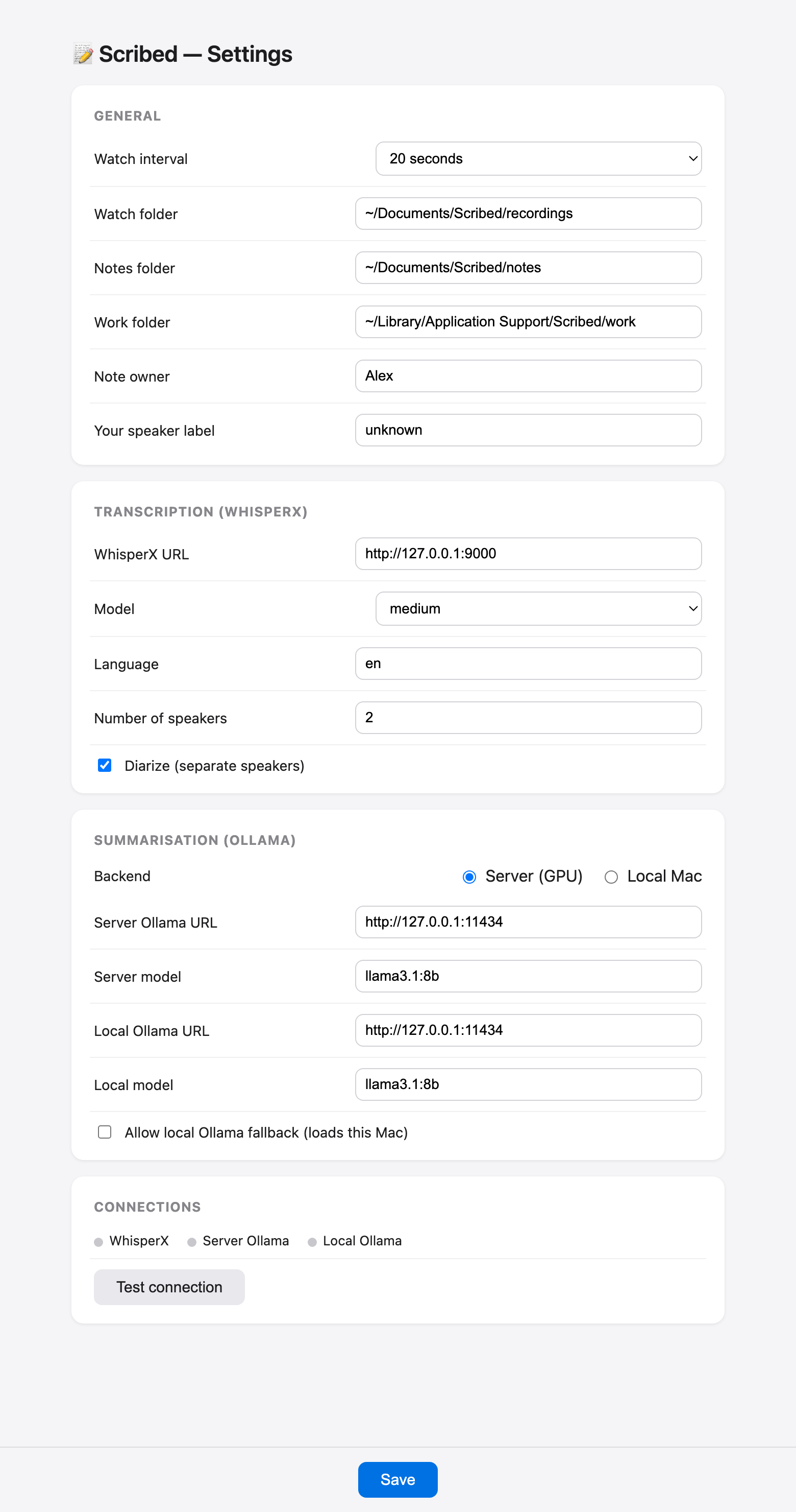 Distavo settings window showing transcription, Ollama, folder, and processing options